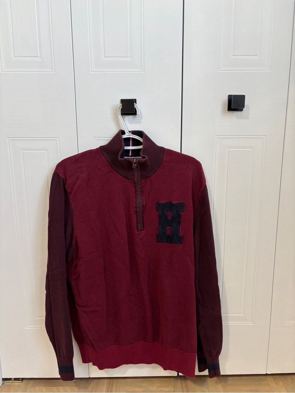 Tommy Hilfiger Men's Burgundy Quarter-Zip Pullover with Contrast Sleeves